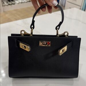 Vera Pelle- Black Structured Top-Handle Bag with Gold Hardware